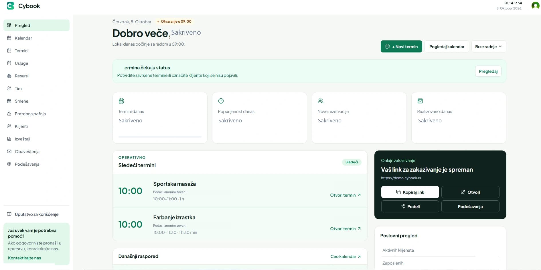 Cybook poslovni pregled sa terminima i organizacijom rada lokala