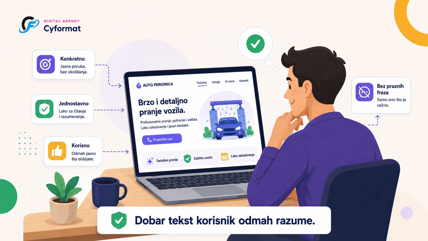 Ilustracija korisnika koji gleda jasan web sajt za auto perionicu sa konkretnom porukom, jednostavnim tekstom i korisnim informacijama