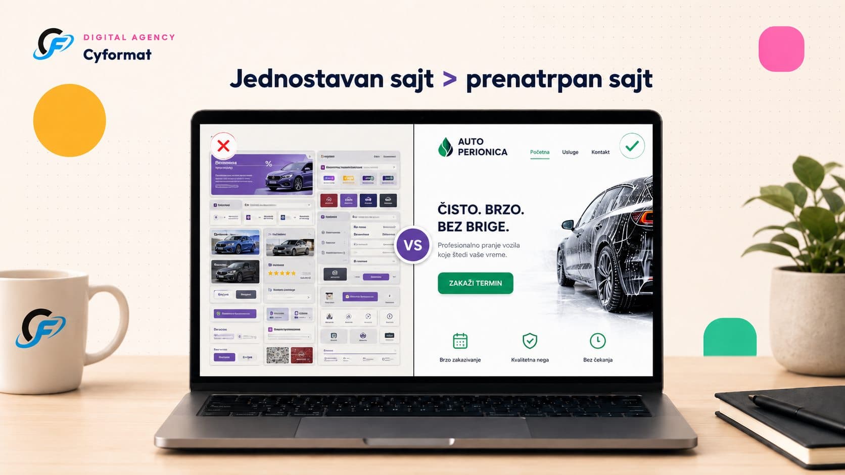 Poređenje jednostavnog i prenatrpanog web sajta na laptopu, uz primer pregledne strukture i jasnog poziva na akciju