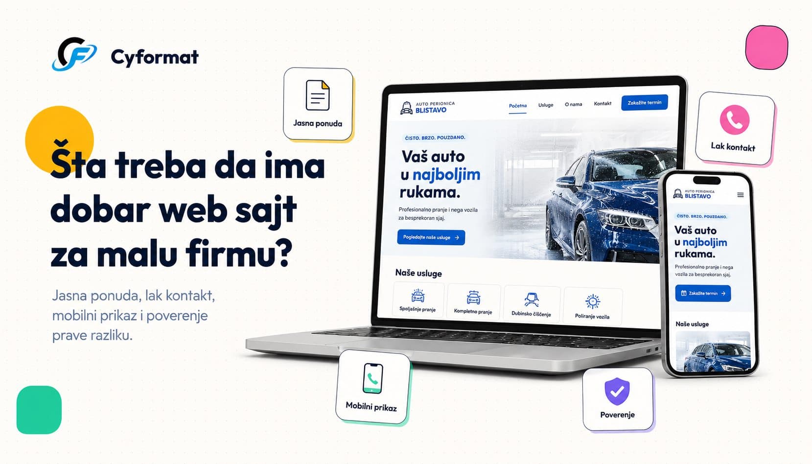 Cyformat blog vizual koji prikazuje šta treba da ima dobar web sajt za malu firmu: jasnu ponudu, lak kontakt, mobilni prikaz i poverenje