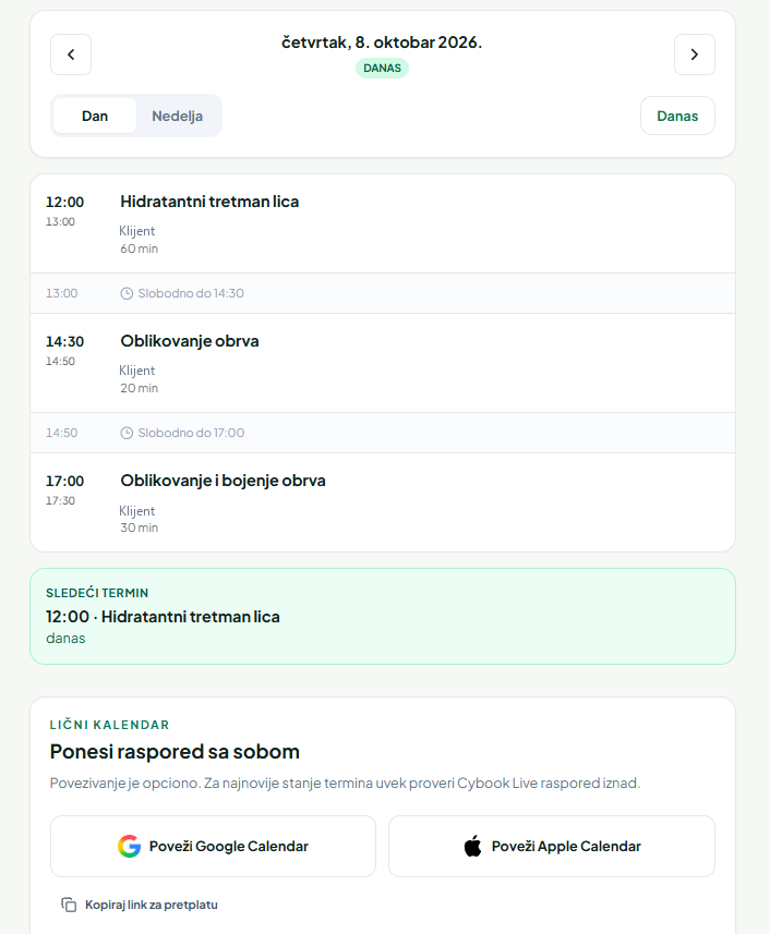 Cybook Live sa ličnim rasporedom zaposlenog, sledećim terminom i povezivanjem Google i Apple kalendara