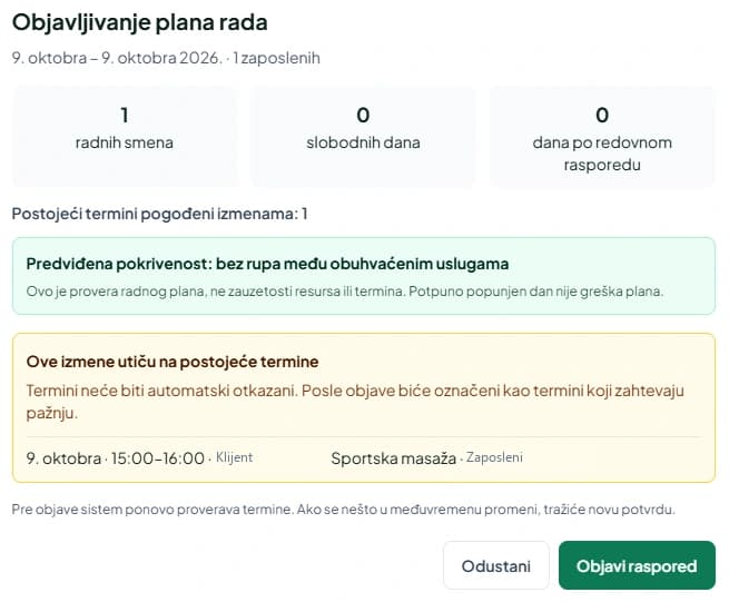 Pregled objavljivanja Cybook plana rada sa upozorenjem o postojećem terminu na koji promena utiče