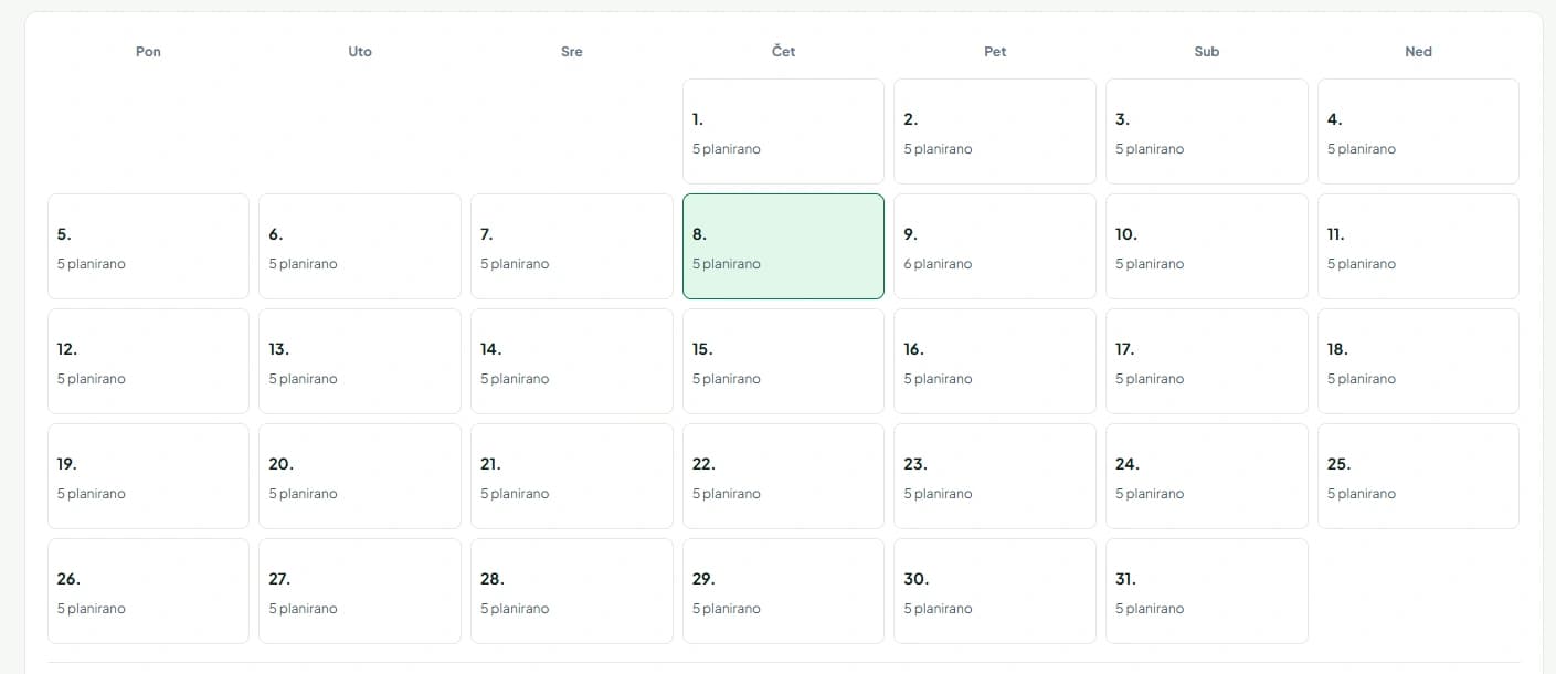 Mesečni Cybook pregled planiranih smena po danima