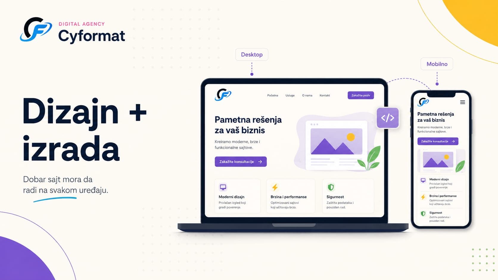 Ilustracija dizajna i izrade web sajta prikazanog na desktop i mobilnom uređaju